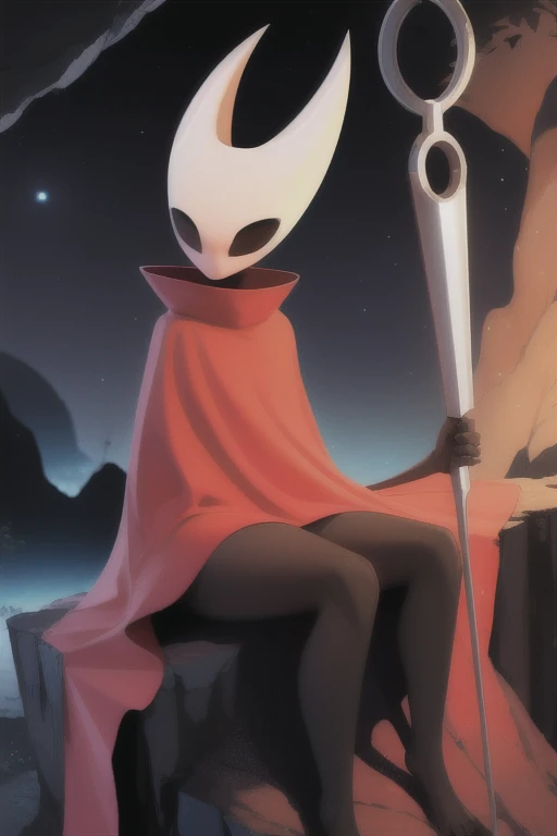 hornet, cute, chibi, no feet, furry female, anthro, cape, thread, standing, solo, red cloak, (best quality), (detailed dark cave background:1.2), looking at viewer, holding weapon, flat colors, sitting