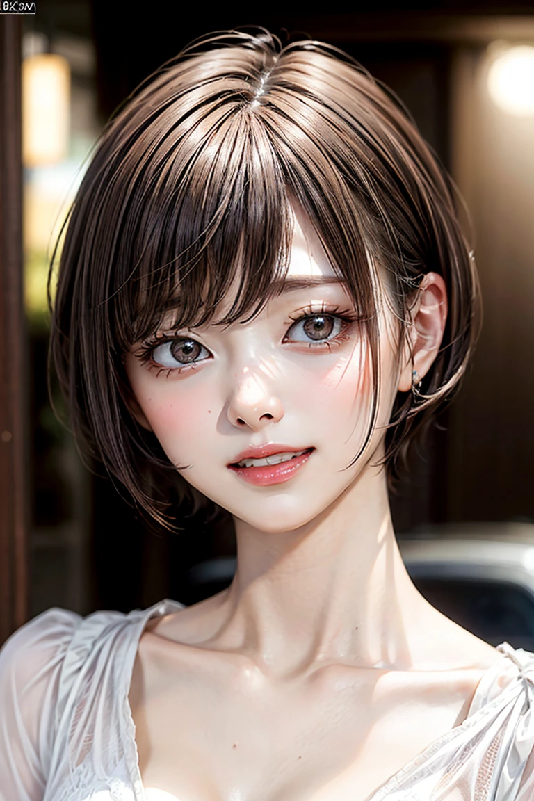 (Browsing Caution:-1), (masterpiece:1.3), (8k, Realistic, RAW Photos, Highest quality: 1.4), Cinema Lighting, (One girl), Beautiful Face, (Realistic Face), Beautiful hairstyle, (short hair :1.5), Realistic eyes, Beautiful attention to detail, (Realistic Skin), Beautiful Skin, (blouse),Laughing with your mouth wide open, absurd, Charm, Ultra-high resolution, Ultra-realistic, Very detailed,multiple angles