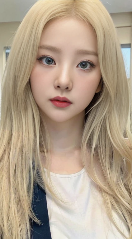 Blonde girl with long hair and a white shirt with light blue eyes, kawaii realisitic portrait, long blonde hair and big eyes, pale round face, guweiz style artwork, realisitic. cheng yi, retrato de jossi de blackpink, blonde hair and large eyes, beautiful realisitic face, cute natural anime face, a hyperrealisitic , long blonde hair and large eyes