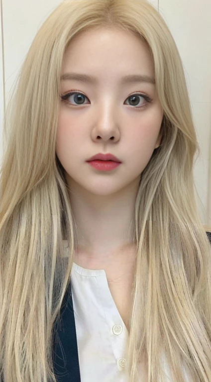 Blonde girl with long hair and a white shirt with light blue eyes, kawaii realisitic portrait, long blonde hair and big eyes, pale round face, guweiz style artwork, realisitic. cheng yi, retrato de jossi de blackpink, blonde hair and large eyes, beautiful realisitic face, cute natural anime face, a hyperrealisitic , long blonde hair and large eyes