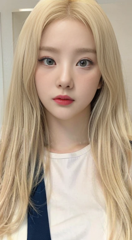 Blonde girl with long hair and a white shirt with light blue eyes, kawaii realisitic portrait, long blonde hair and big eyes, pale round face, guweiz style artwork, realisitic. cheng yi, retrato de jossi de blackpink, blonde hair and large eyes, beautiful realisitic face, cute natural anime face, a hyperrealisitic , long blonde hair and large eyes