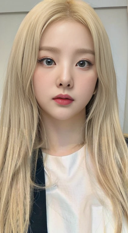 Blonde girl with long hair and a white shirt with light blue eyes, kawaii realisitic portrait, long blonde hair and big eyes, pale round face, guweiz style artwork, realisitic. cheng yi, retrato de jossi de blackpink, blonde hair and large eyes, beautiful realisitic face, cute natural anime face, a hyperrealisitic , long blonde hair and large eyes