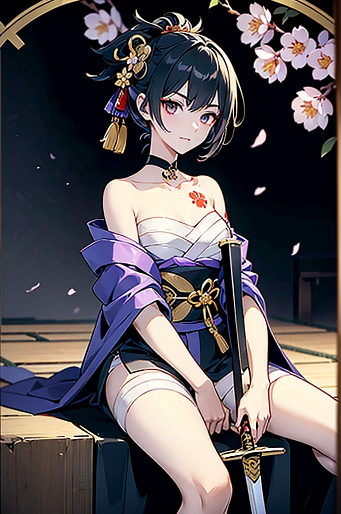 ((roll up bandage sideways on a chest tightly to cover the chest without gaps)), bandage samweways, the bantage is no chest shape, flat chest, ((Japanese Gangster BOSS)), adult woman with the dignified presence, Killing Qi, wear nothing around shoulder, wear nothing around neck, wear the kimono, wear it below the waist, (I wind it up to control it, and to attach it), ((kimono come off)) ,wear the kimono multiple times, Bare shoulders and the clavicle, black and gold kimono, put on over jacket of kimono, (holding a japanese sword which shine in purple, The handole of the sword is black, and the blade is gray, long sword), eye fire, low angle, whole body, bandage is seen, anime character, Glaring, off sholder, nappropriate smile, Excellent, black blue hair, can see both shoulder, long hem, small face, ((some cherry blossam big tattoo on the arm)),((Sitting in the head seat of the mansion)),behind family crest
