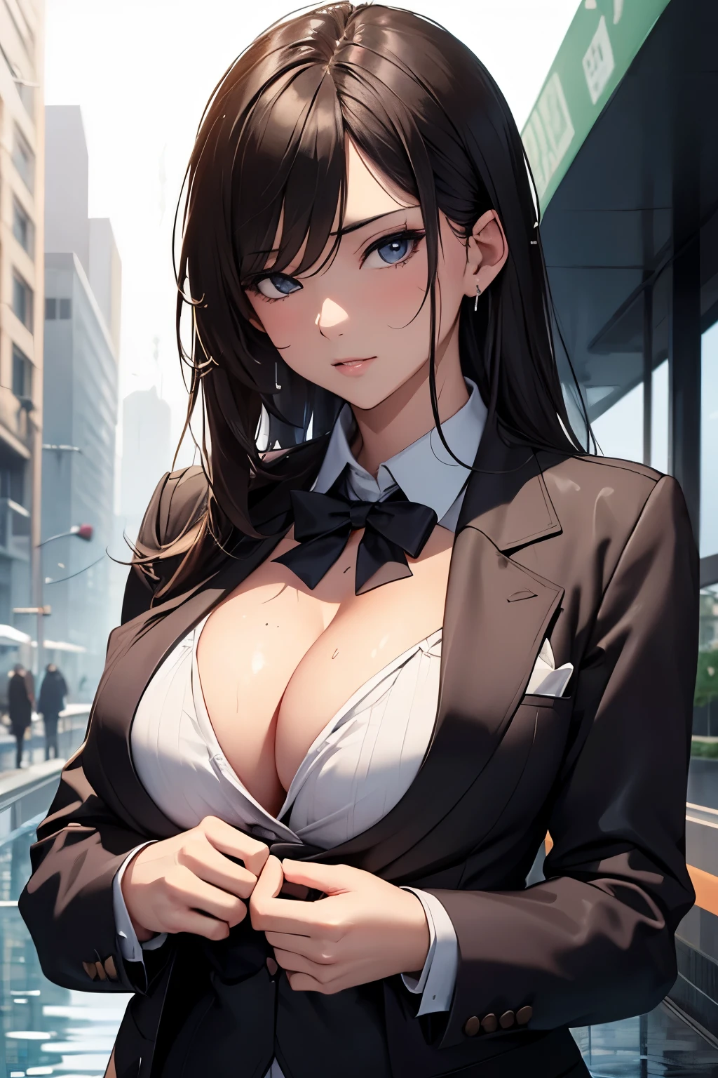 Masterpiece, best quality, beautiful girl, beautiful face, suit, jacket, wet skin, sweat, big breasts, cleavage,