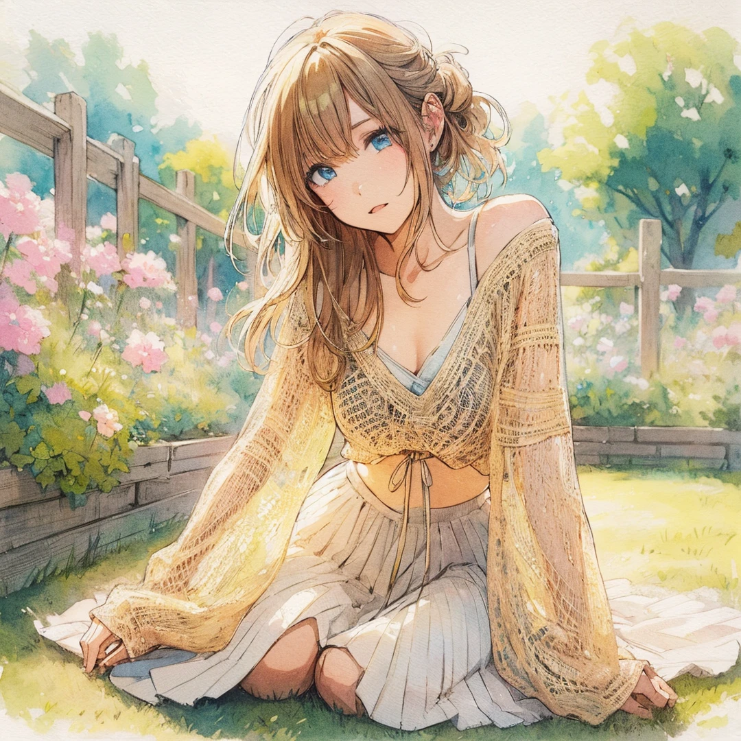 Official art using high-quality hand-drawn watercolor sketch techniques. (best quality,4k,8k,highres,masterpiece:1.2),ultra-detailed,beautiful detailed eyes,A girl with beautiful eyes, everyone, beautiful anime girl, cute anime girl, smooth anime art, anime style, elegant colors, soft lighting, delicate beautiful eyes, very coquettish, (beautiful large breast:1.2), (correct hands:1.2),