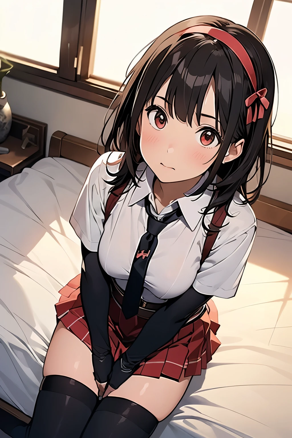 1 female, , high quality, masterpiece, Ultra-high resolution, , Cinema Lighting, , , And the suspenders with the cranes flying Moderate breasts Large Breasts Small face holster Lying in bed Looking up Sweat belt summer 脇Sweat Black Hole Gloves suit garterbelt Leg Links ズボンにbelt holster Hands behind your back Anxious expression Looking up Anxious face Knee-high Knee socks Knee-highソックス garterbelt garter ふとももにgarterbelt Checkered red mini skirt Necktie Headband ribbon