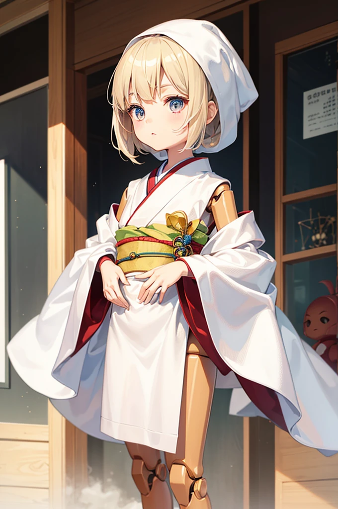 Wooden Humanoid Robot,Wood grain body,child女に似せて作られた,wear the kimono,child,児,Small,Illustrated,((Hand out a towel)),zoom in,Rounded corners of leg and arm parts,doll