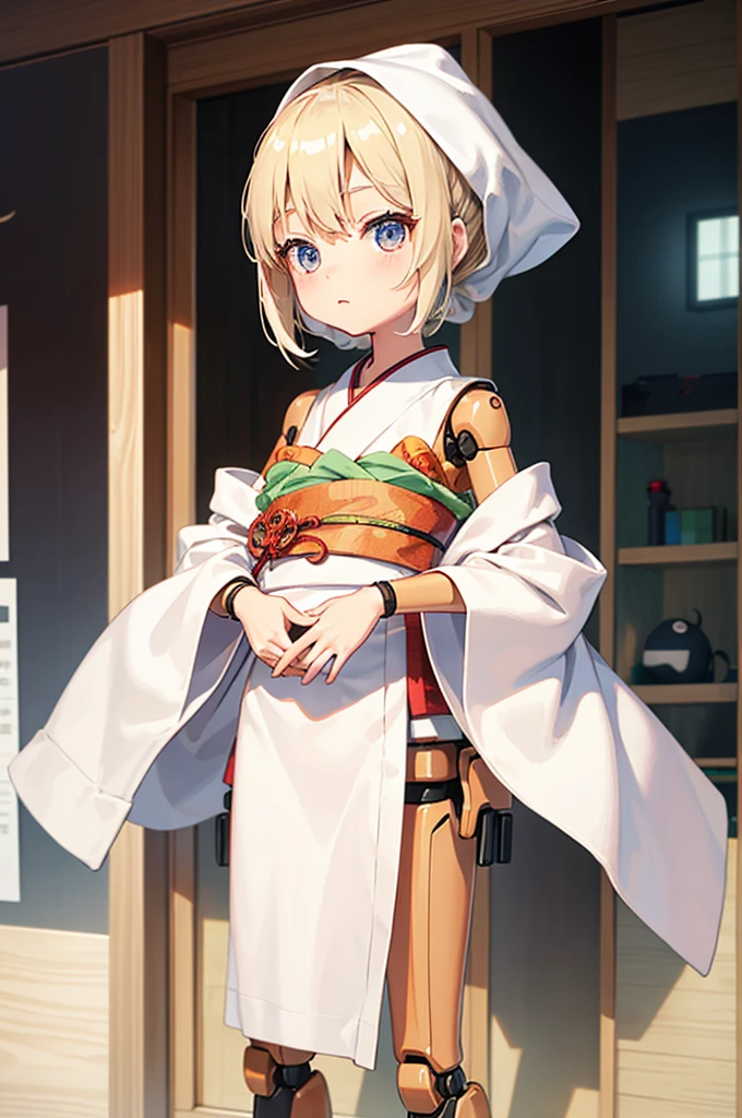 Wooden Humanoid Robot,Wood grain body,child女に似せて作られた,wear the kimono,child,児,Small,Illustrated,((Hand out a towel)),zoom in,Rounded corners of leg and arm parts,doll