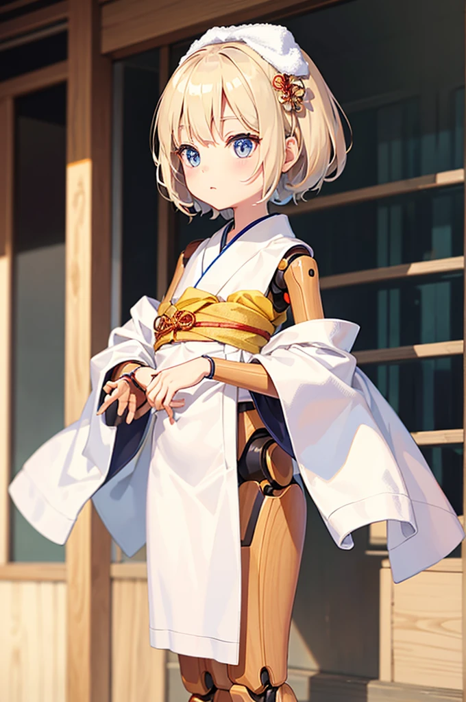 Wooden Humanoid Robot,Wood grain body,child女に似せて作られた,wear the kimono,child,児,Small,Illustrated,((Hand out a towel)),zoom in,Rounded corners of leg and arm parts,doll