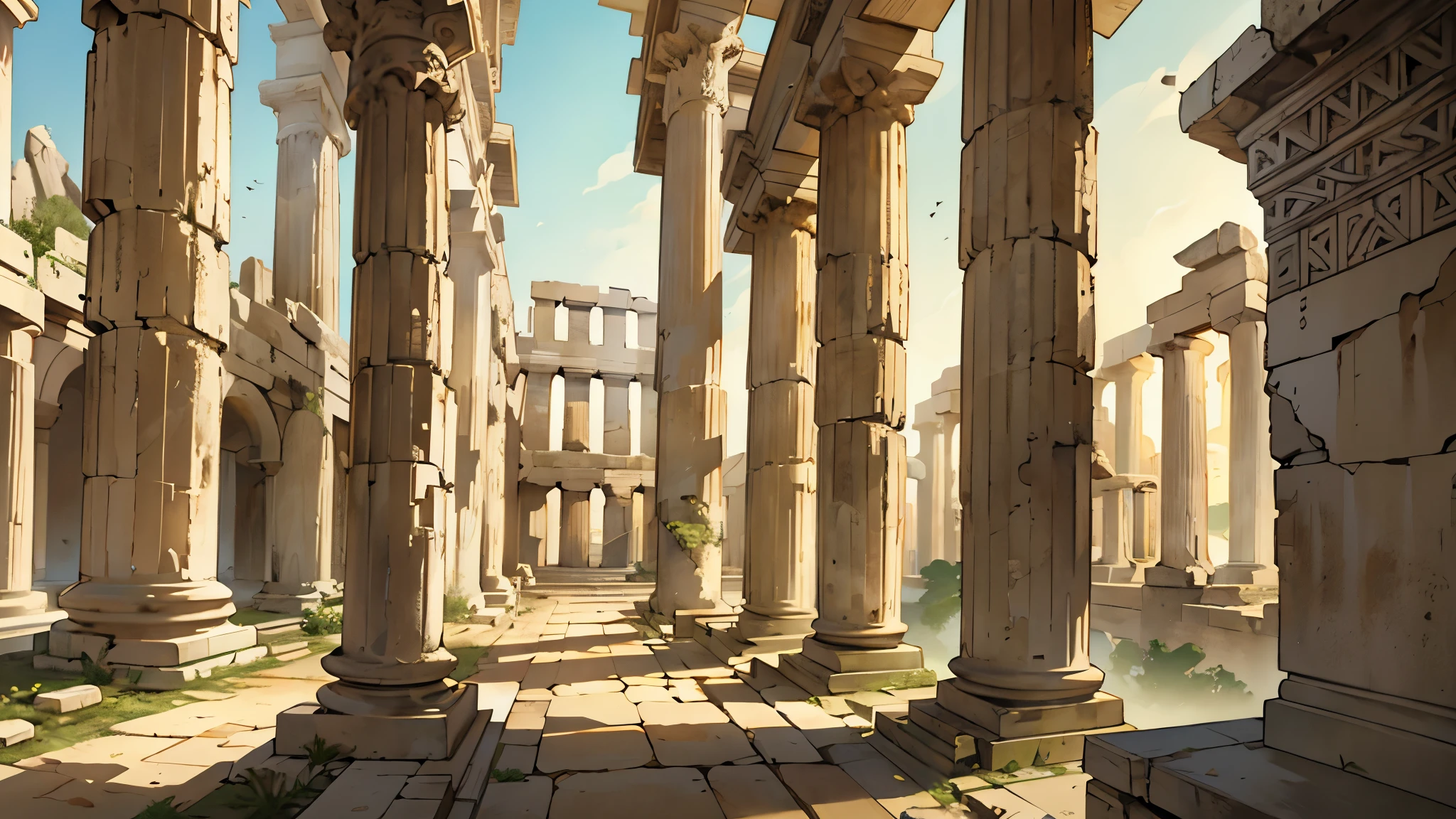 An ancient Greek cityscape with faded parchment texture, showing the majestic ruins of Olympia. Include worn columns, partially ruined temples, and a distant view of the stadium, all depicted in a sepia-toned, artistic style.