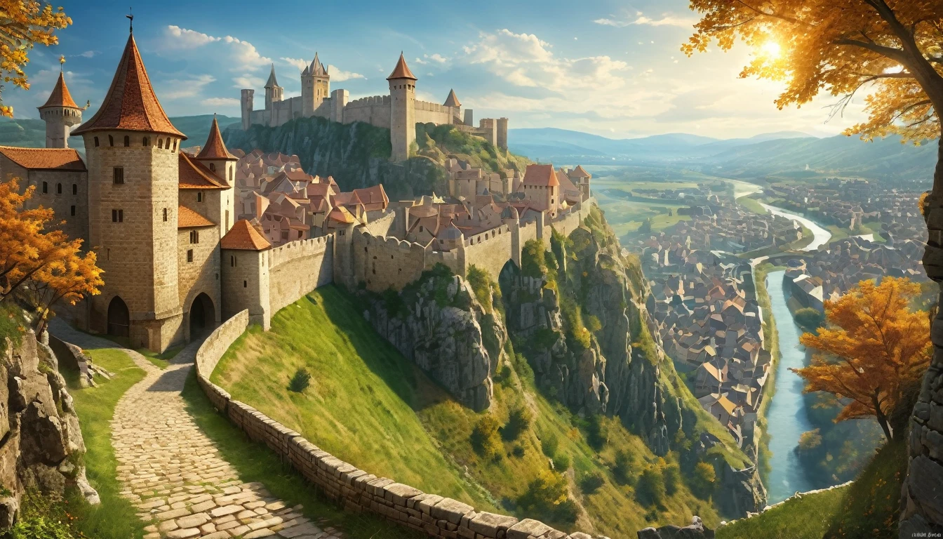 (anime, fantasy, kingdom of heaven), (best quality, highres, HDR:1.2), vibrant colors, medieval atmosphere, arafed view of medieval city, stone city wall, intricate, medieval beauty, fantastical landscapes, ethereal light, general shot