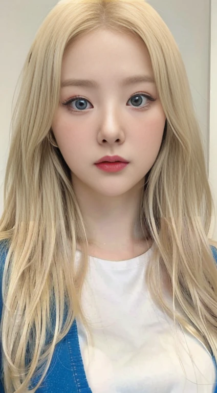 Blonde girl with long hair and a white shirt with light blue eyes, kawaii realisitic portrait, long blonde hair and big eyes, pale round face, guweiz style artwork, realisitic. cheng yi, retrato de jossi de blackpink, blonde hair and large eyes, beautiful realisitic face, cute natural anime face, a hyperrealisitic , long blonde hair and large eyes