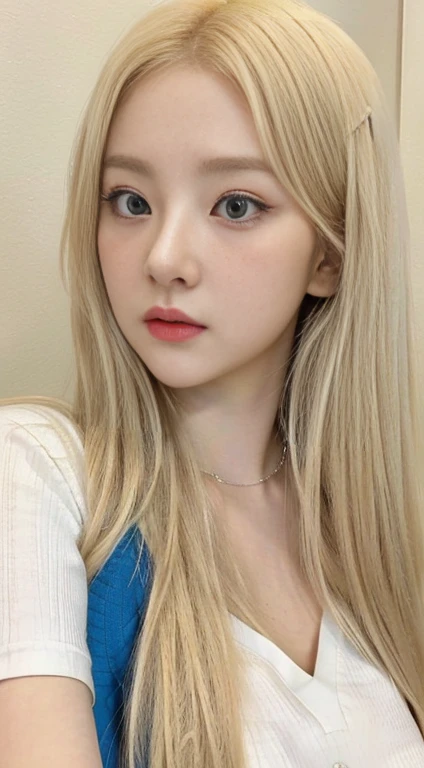 Blonde girl with long hair and a white shirt with light blue eyes, kawaii realisitic portrait, long blonde hair and big eyes, pale round face, guweiz style artwork, realisitic. cheng yi, retrato de jossi de blackpink, blonde hair and large eyes, beautiful realisitic face, cute natural anime face, a hyperrealisitic , long blonde hair and large eyes