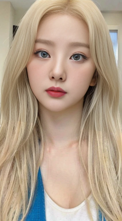 Blonde girl with long hair and a white shirt with light blue eyes, kawaii realisitic portrait, long blonde hair and big eyes, pale round face, guweiz style artwork, realisitic. cheng yi, retrato de jossi de blackpink, blonde hair and large eyes, beautiful realisitic face, cute natural anime face, a hyperrealisitic , long blonde hair and large eyes