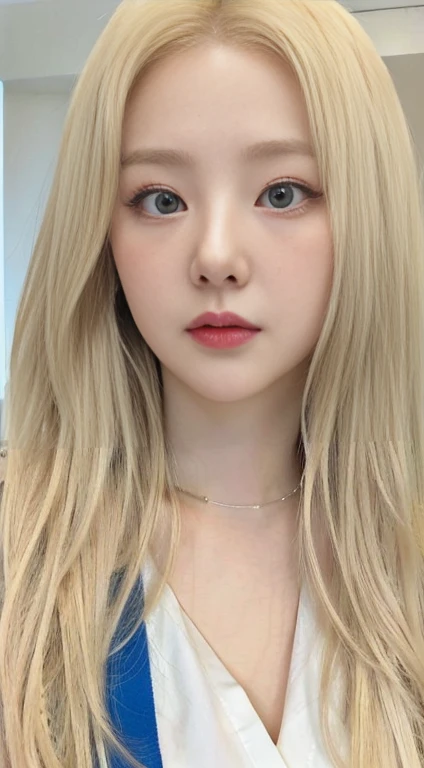 Blonde girl with long hair and a white shirt with light blue eyes, kawaii realisitic portrait, long blonde hair and big eyes, pale round face, guweiz style artwork, realisitic. cheng yi, retrato de jossi de blackpink, blonde hair and large eyes, beautiful realisitic face, cute natural anime face, a hyperrealisitic , long blonde hair and large eyes