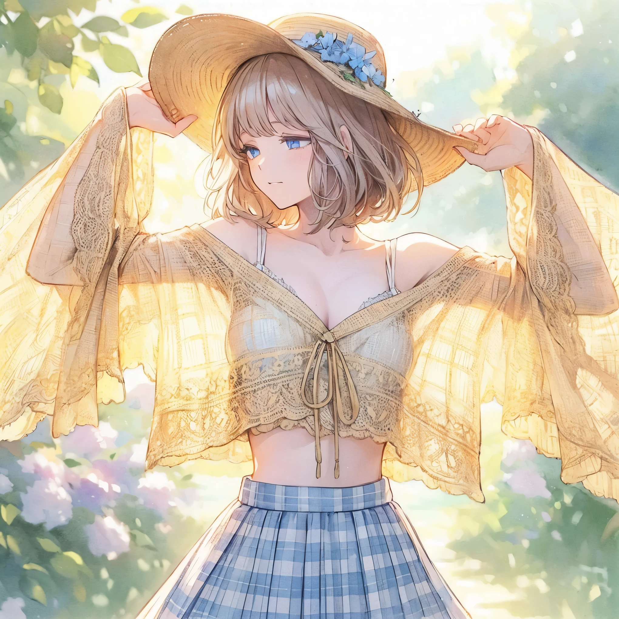 Official art using high-quality hand-drawn watercolor sketch techniques. (best quality,4k,8k,highres,masterpiece:1.2),ultra-detailed,beautiful detailed eyes,A girl with beautiful eyes, everyone, beautiful anime girl, cute anime girl, smooth anime art, anime style, elegant colors, soft lighting, delicate beautiful eyes, very coquettish, (beautiful large breast:1.2), (correct hands:1.2),