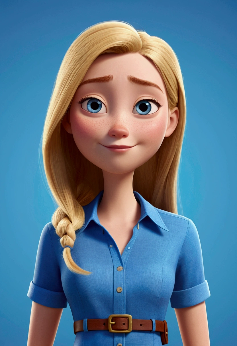 pixar Cartoon character of a woman with round face long straight hair blonde and blue short sleeve blouse , an animated character, stylized character, animation style rendering, 3d