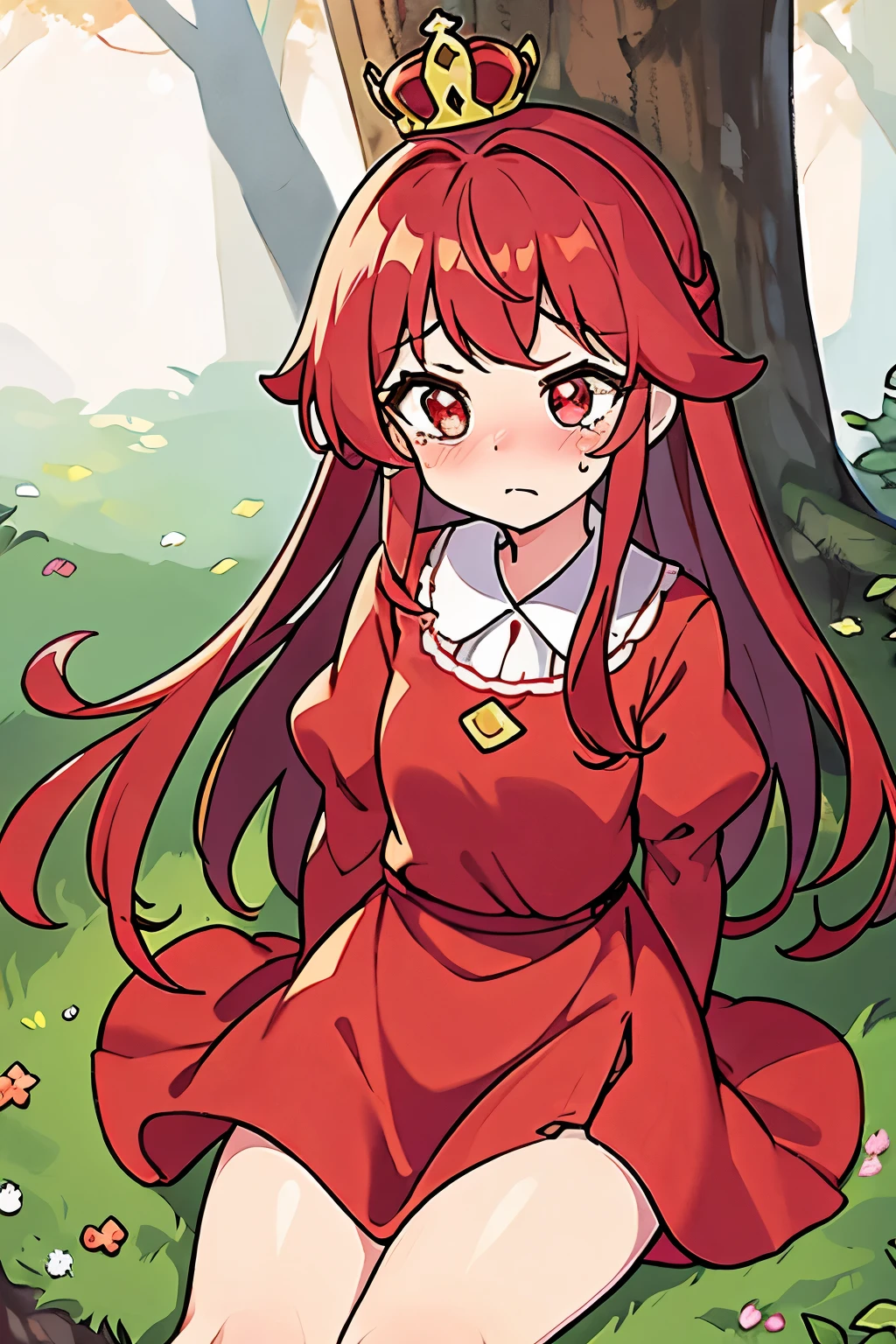 cute  with a red dress and princess crown in the forest, her dress up and her white panties down between her legs with her vagina showing and her tearing up and with a sad and scared face