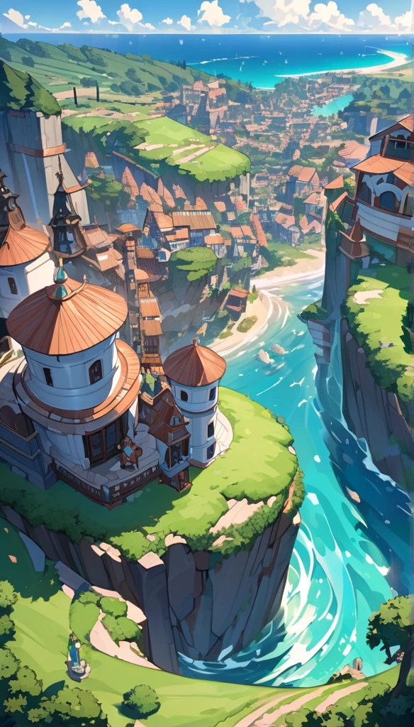 A character standing on a grassy hill overlooking a coastal town. Fantasy world, city beautiful .ultra 4k