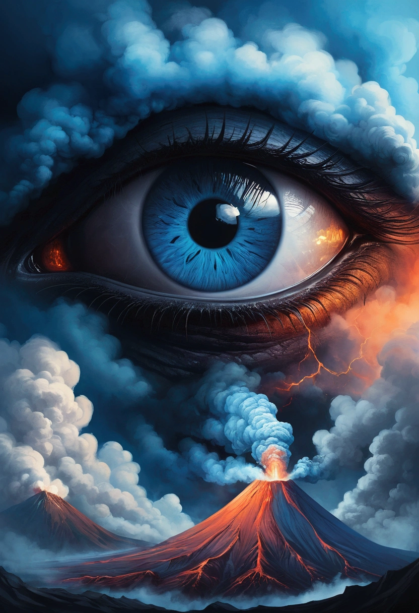 Eyes in volcanic smoke, a volcano erupts,The eyes are on it, Shades of blue, digital art inspired by Cyril Rolando, Ultra-realistic realism, Portrait of a giant eye in volcanic smoke, mystic eye, There was a cloud of smoke in one eye, Ultra-realistic realism
