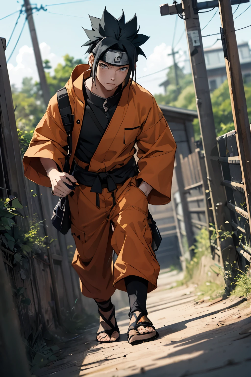 Because Naruto&#39;s best friend, short spiked brown hair and his trademark monk clothes, is using his signature move, namely sand coming out of his bag., is fighting with a demon figure, he looks very angry eyes red, His energy aura looks blue and yellow, he was in an old city that had been destroyed by fire by a demon
