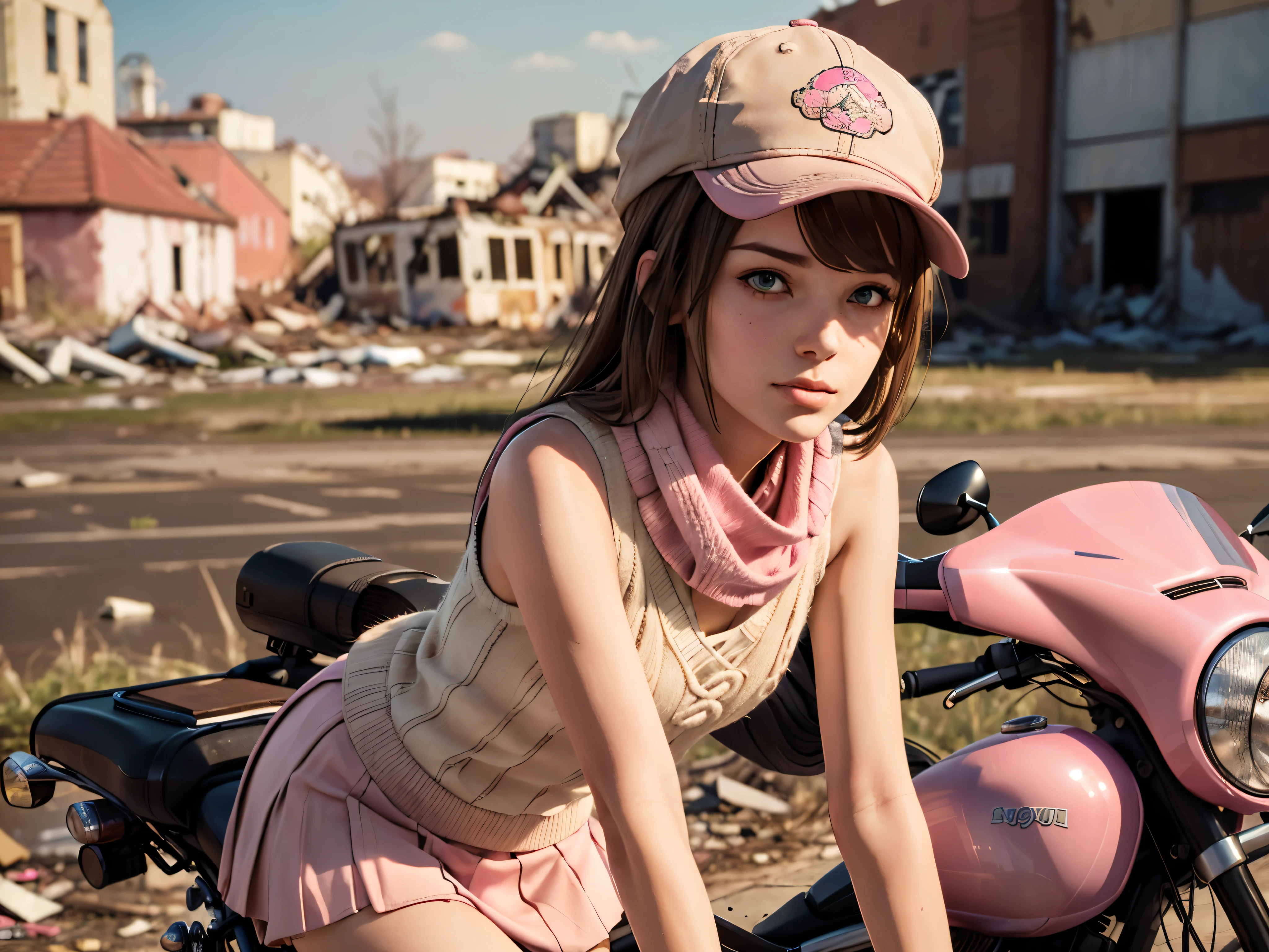 masterpiece, highest quality, (solo focus), (perfect face:1.1), (high detail:1.1), 1girl, brown hair, ((Neapolitan colored outfit)), (pink, cream, and brown clothes), large scarf, sleeveless knit sweater, short skirt, ((pink fiddler cap)), ((rifle)), detailed background, wasteland, leaning on motorcycle, abandoned factory, scrapheap, ashes, cinematic lighting,