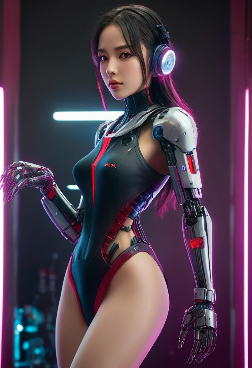 xxmixgirl. Highly detailed professional 35mm film, bokeh, face in sharp focus. A robotic female, Miku, with ((metal skin)), ((perfect Asian eyes)) with magenta irises and ((black pupils)), beautiful serious (detailed face), 18 year old ((photorealistic face)), very long magenta twin tails of magenta hair, twin black hair ties with a single red stripe. She may have a black audio headpiece. We can see her ((full body)) down to her boot soles. Her outfit is a sleeveless collared light grey shirt, outlined in red around the frilled collar and hems. Shiny reflective ((metallic breast cups, dimpleless)), invisible nipples. She wears black sleeves with red hems that start around her upper arm and bellow out as the sleeves open and extend to her wrists, with wide trumpet red rimmed cuffs. She has perfect robotic (detailed hands). She wears a red colored tie with two horizontal solid parallel black lines halfway across. She wears a fabric black skirt with a horizontal red hem at the bottom all the way around; her (((black skirt wraps around her))) and ((her skirt completely covers)) her robotic waist and thighs. Tall black boots with red bottom soles, a red rim around the top at her thighs. Her mechanical shoulder joints are visible. We can see her robotic legs and robotic neck. Half of her is covered with shiny polished machinery. The background is a distant dark neon futuristic Japanese city, gold, cyan, violet neon, near harbor or mountains.