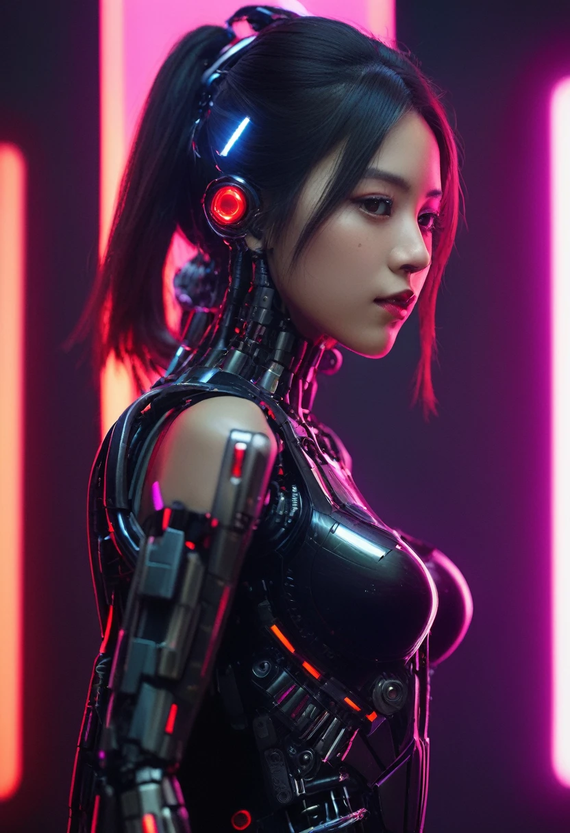 xxmixgirl. Highly detailed professional 35mm film, bokeh, face in sharp focus. A robotic female, Miku, with ((metal skin)), ((perfect Asian eyes)) with magenta irises and ((black pupils)), beautiful serious (detailed face), 18 year old ((photorealistic face)), very long magenta twin tails of magenta hair, twin black hair ties with a single red stripe. She may have a black audio headpiece. We can see her ((full body)) down to her boot soles. Her outfit is a sleeveless collared light grey shirt, outlined in red around the frilled collar and hems. Shiny reflective ((metallic breast cups, dimpleless)), invisible nipples. She wears black sleeves with red hems that start around her upper arm and bellow out as the sleeves open and extend to her wrists, with wide trumpet red rimmed cuffs. She has perfect robotic (detailed hands). She wears a red colored tie with two horizontal solid parallel black lines halfway across. She wears a fabric black skirt with a horizontal red hem at the bottom all the way around; her (((black skirt wraps around her))) and ((her skirt completely covers)) her robotic waist and thighs. Tall black boots with red bottom soles, a red rim around the top at her thighs. Her mechanical shoulder joints are visible. We can see her robotic legs and robotic neck. Half of her is covered with shiny polished machinery. The background is a distant dark neon futuristic Japanese city, gold, cyan, violet neon, near harbor or mountains.