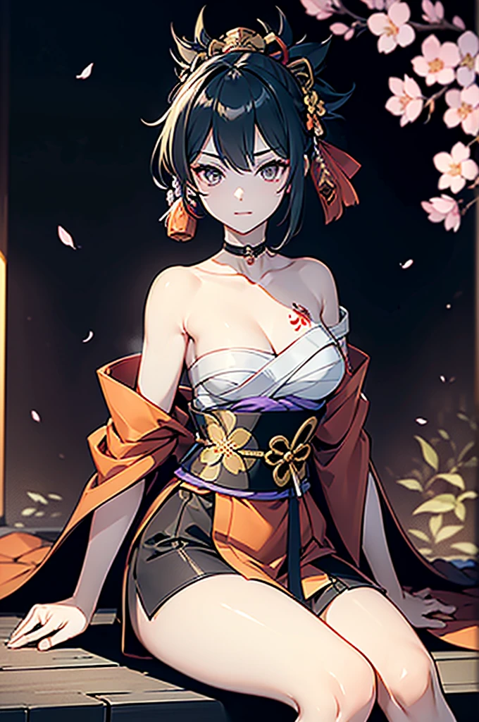 ((roll up bandage sideways on a chest tightly to cover the chest without gaps)), bandage samweways, the bantage is no chest shape, flat chest, ((Japanese Gangster BOSS)), adult woman with the dignified presence, Killing Qi, wear nothing around shoulder, wear nothing around neck, wear the kimono, wear it below the waist, (I wind it up to control it, and to attach it), ((kimono come off)) ,wear the kimono multiple times, Bare shoulders and the clavicle, black and gold kimono, put on over jacket of kimono, (holding a japanese sword which shine in purple, The handole of the sword is black, and the blade is gray, long sword), eye fire, low angle, whole body, bandage is seen, anime character, Glaring, off sholder, nappropriate smile, Excellent, black blue hair, can see both shoulder, long hem, small face, ((some cherry blossam big tattoo on the arm)),((Sitting in the head seat of the mansion)), background Japanese gate with family crest