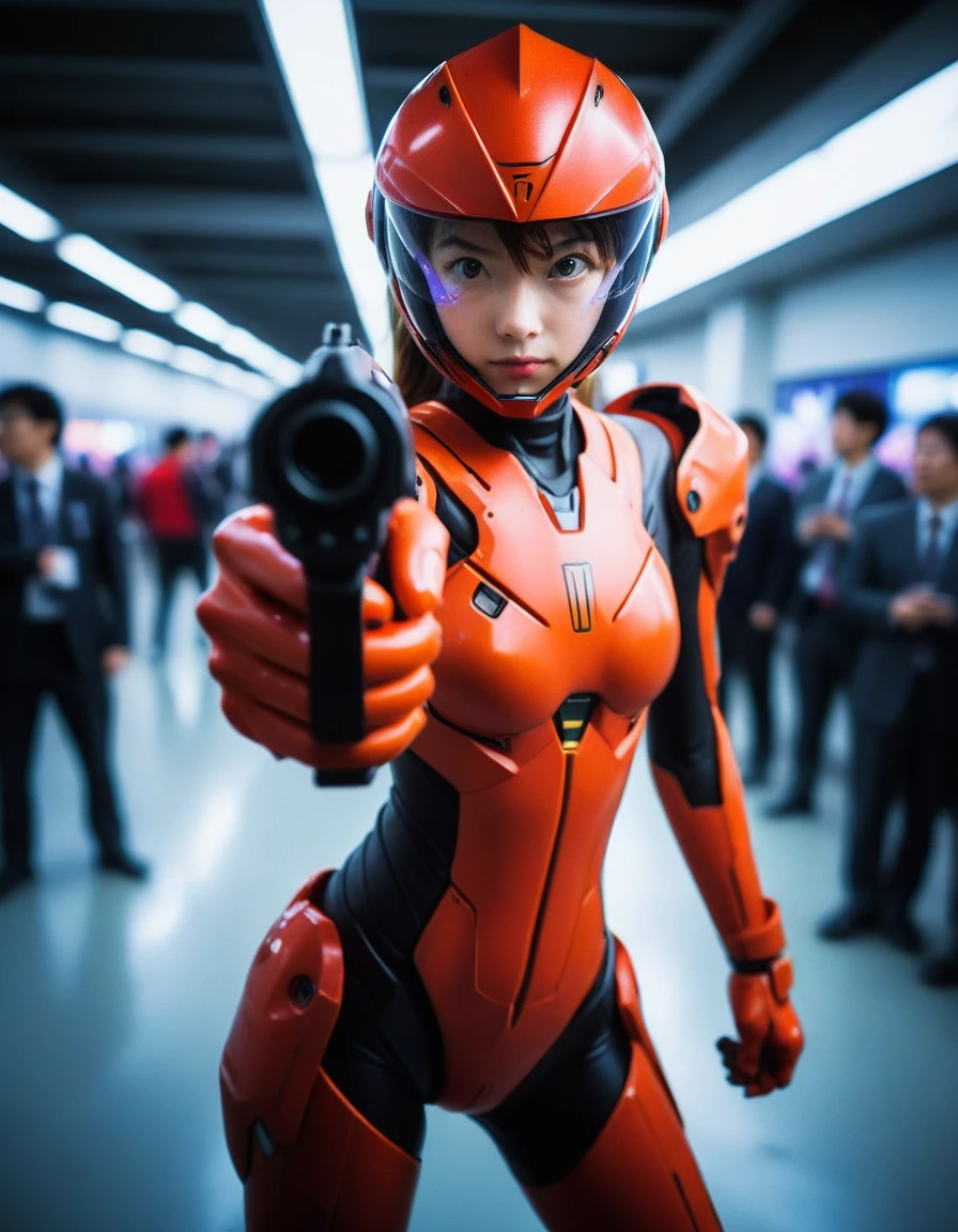 (photograph:1.3), (RAWphotograph:1.3), (Ultra-wide-angle lens:1.3), (Long-distance shots:1.3), (Girl pilot suit),Pointing a gun at the viewer, (Neon Genesis EVANGELION), Latex Red Suit, Eva 02 in the background, yeah.and.R.in., Soft lighting, Film Grain, Fujifilm XT3, Digital SLR, masterpiece, 最high quality, Realistic, high quality, Realistic works, Ultra high definition, 8K Ultra HD, Real skin material