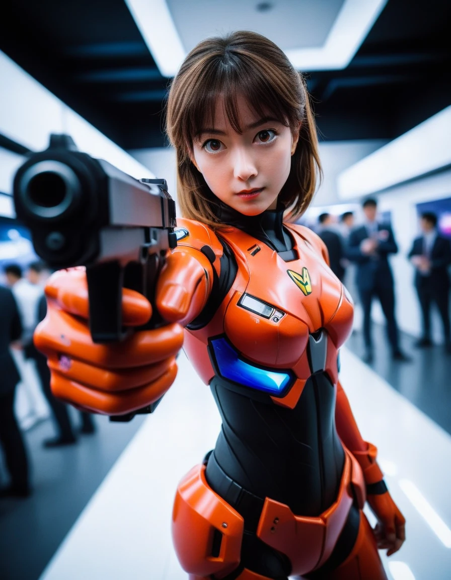 (photograph:1.3), (RAWphotograph:1.3), (Ultra-wide-angle lens:1.3), (Long-distance shots:1.3), (Girl pilot suit),Pointing a gun at the viewer, (Neon Genesis EVANGELION), Latex Red Suit, Eva 02 in the background, yeah.and.R.in., Soft lighting, Film Grain, Fujifilm XT3, Digital SLR, masterpiece, 最high quality, Realistic, high quality, Realistic works, Ultra high definition, 8K Ultra HD, Real skin material