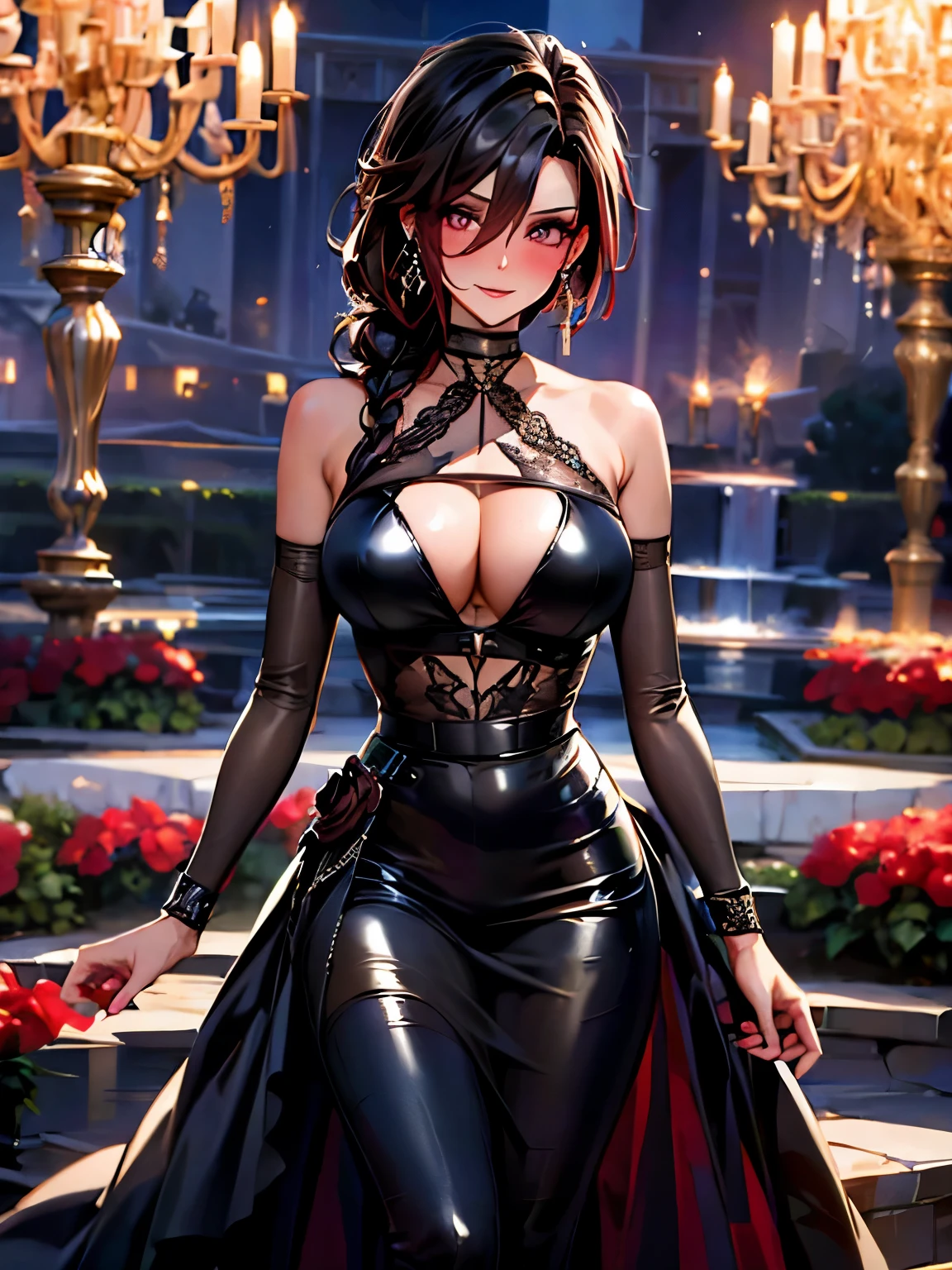 mature woman, 1 girl, alone, solo (masterpiece, best quality, very detailed), sharp focus, detailed face, face focus, focus on face, very detailed eyes, long black cyclamen hair, (cyclamen highlights: 1, 3), side bottom braid, cyclamen red eyes, (sparkling eyes: 1,2), long eyelashes, (strong blush: 1,2), delicate makeup, ((ball lace dress, long skirt, lace, elegant)), Crusader earrings, ear piercing, cinematic lighting, edge lightning, shading, dynamic angle, sharp image, perfect quality, perfectly crafted background, beautiful warm lights, sexy, ballroom, castle, dancing in ballroom, Crystal chandelier, close-up, portrait, solo, flowes