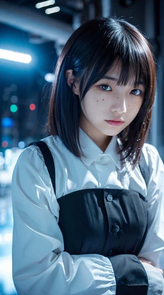 (1girl),Japan at 25 years old,Medium head of black hair, Black tie,White shirt with long sleeves,Black pants, a little freckles,Dark in a cyber space light up in blue,Complex structures in the background、Full Body Photo Standing、Amazing face and eyes, ((Best Quality)), (Ultra-detailed), (extremely detailed CG unified 8k wallpaper), Highly detailed, High-definition raw color photos, Professional Photography,