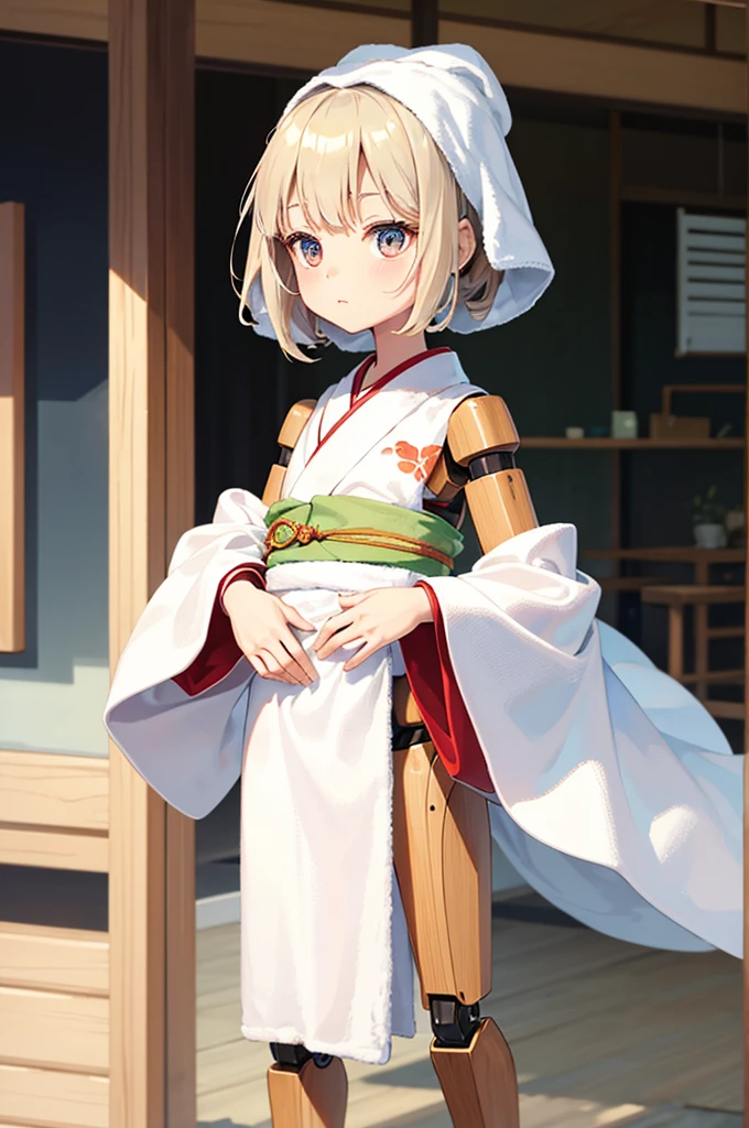 Wooden Humanoid Robot,Wood grain body,女に似せて作られた,wear the kimono,childall,Illustrated,((Hand out a towel)),zoom in,Rounded corners of leg and arm parts,doll