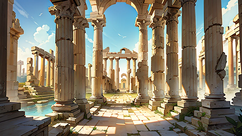 An ancient Greek cityscape with faded parchment texture, showing the majestic ruins of Olympia. Include worn columns, partially ruined temples, and a distant view of the stadium, all depicted in a sepia-toned, artistic style.