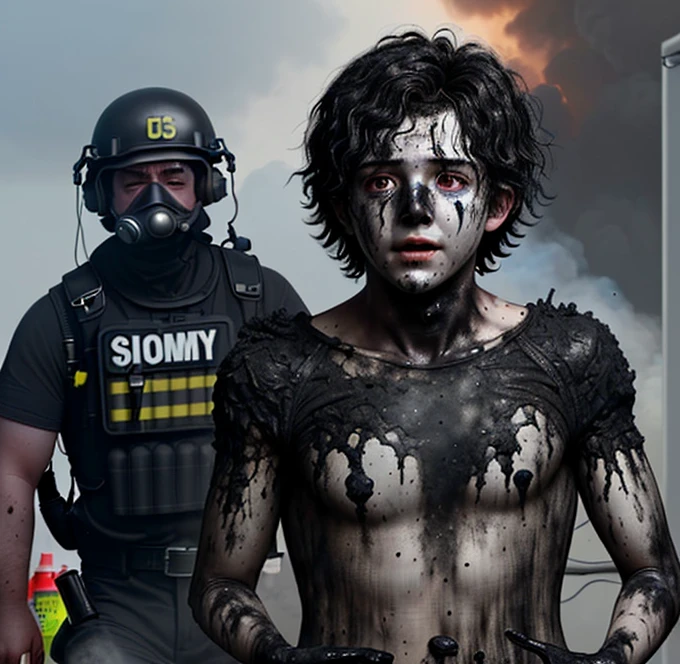 Boy covered in soot after bomb explodes during filming of comedy movie