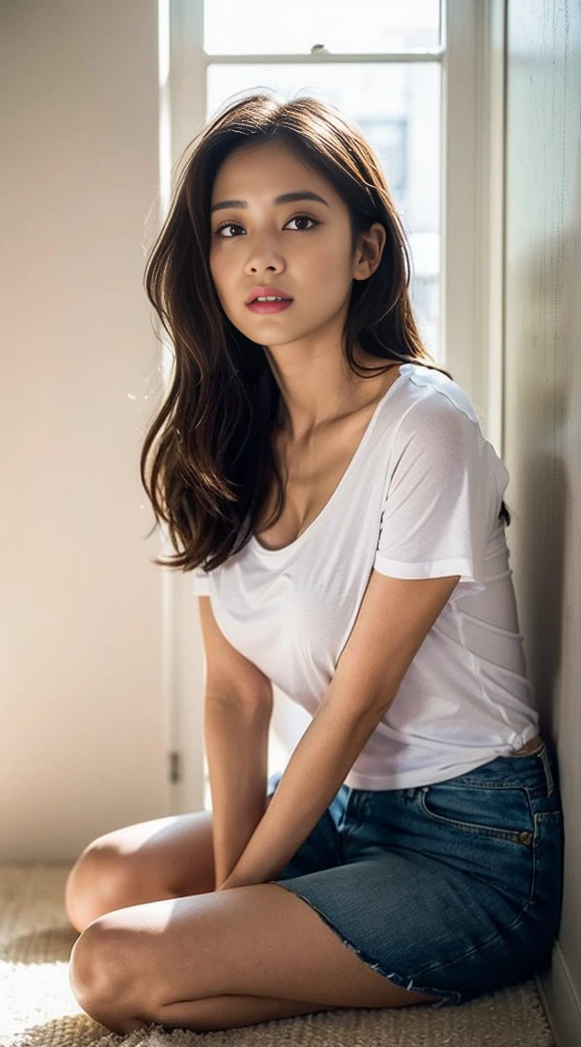 Dark brown hair、Light brown eyes、Japanese actress、 Lady、I am about 40 years old..、(Intricate details:1.2)、(Which one is on top??:1.4)、 (Ultra-high resolution:1.2)、Ultra-high resolution、(Fine-tune)、(Detailed facial features)、Hmph、8k解像度、D cup size breasts、Long Hair、Large windows、Extravagant space、relax、、,Full body photo、Head to toe shot、Beautiful legs、Camisole dress、Beautiful legs、A refreshing room filled with sunlight、she, household items,   (plant:0.8), Fashion Hub, Extreme Detail, Very detailed, Realistic, Hourglass-shaped body, Obscene pose,、、私 cry a lot、tears、person on the left、White wall、White floor、diagonally from below、Please lift your chin、テーブルの上にsit、relaxした表情、Pose of Weakness、(auraroid photo:1.2)、From outside the window、Transparent Painting、8k、32K、Highest quality、(Details of both eyes)、1 girl、elegant、(Loose fitting T-shirt :1.4)、sunset、sit、(Low Angle、From what angle do you see this?:1.2)、Hilarious、Leaning against a wall、She tilts her body to one side to reveal her cleavage.、