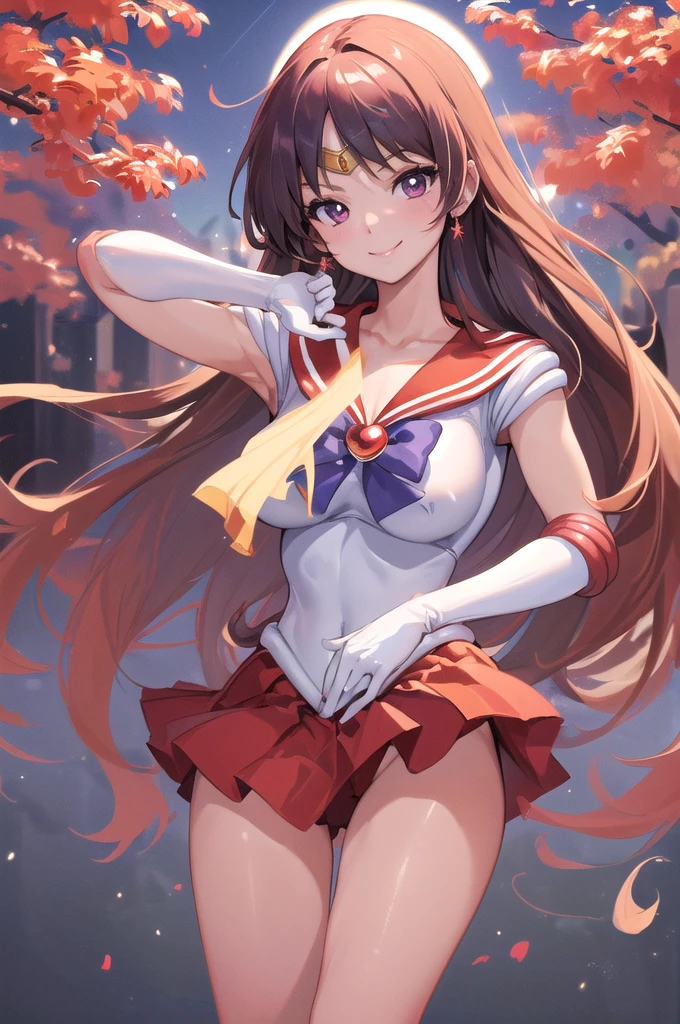 (masterpiece, best quality;1.3), ultra detailed, 1girl, solo, smile,  looking at viewer,
sama1, tiara, sailor senshi uniform, white gloves, red sailor collar, red skirt, large breast, mars, human on fire