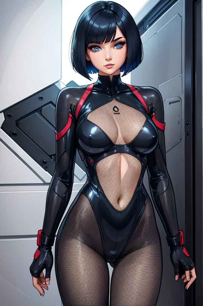 sexy woman in a transparent bodysuit, see-through, standing, bob cut hair, standing, blue eyes, black bodysuit with hex pattern, net
