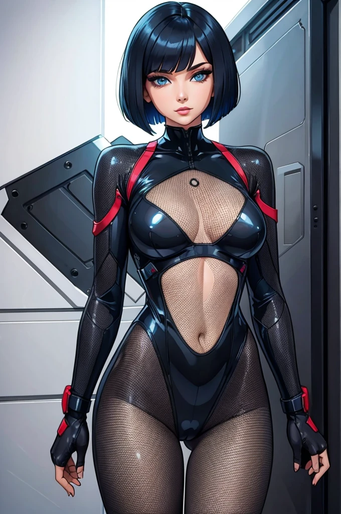 sexy woman in a transparent bodysuit, see-through, standing, bob cut hair, standing, blue eyes, black bodysuit with hex pattern, net