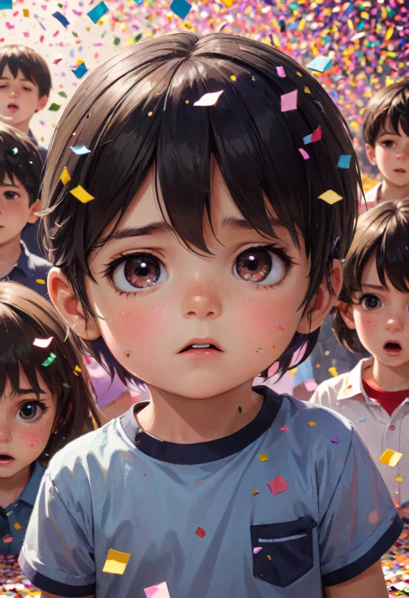 The wronged children are all on the pieces of paper,torn confetti,Room full of confetti,Regrettable expression