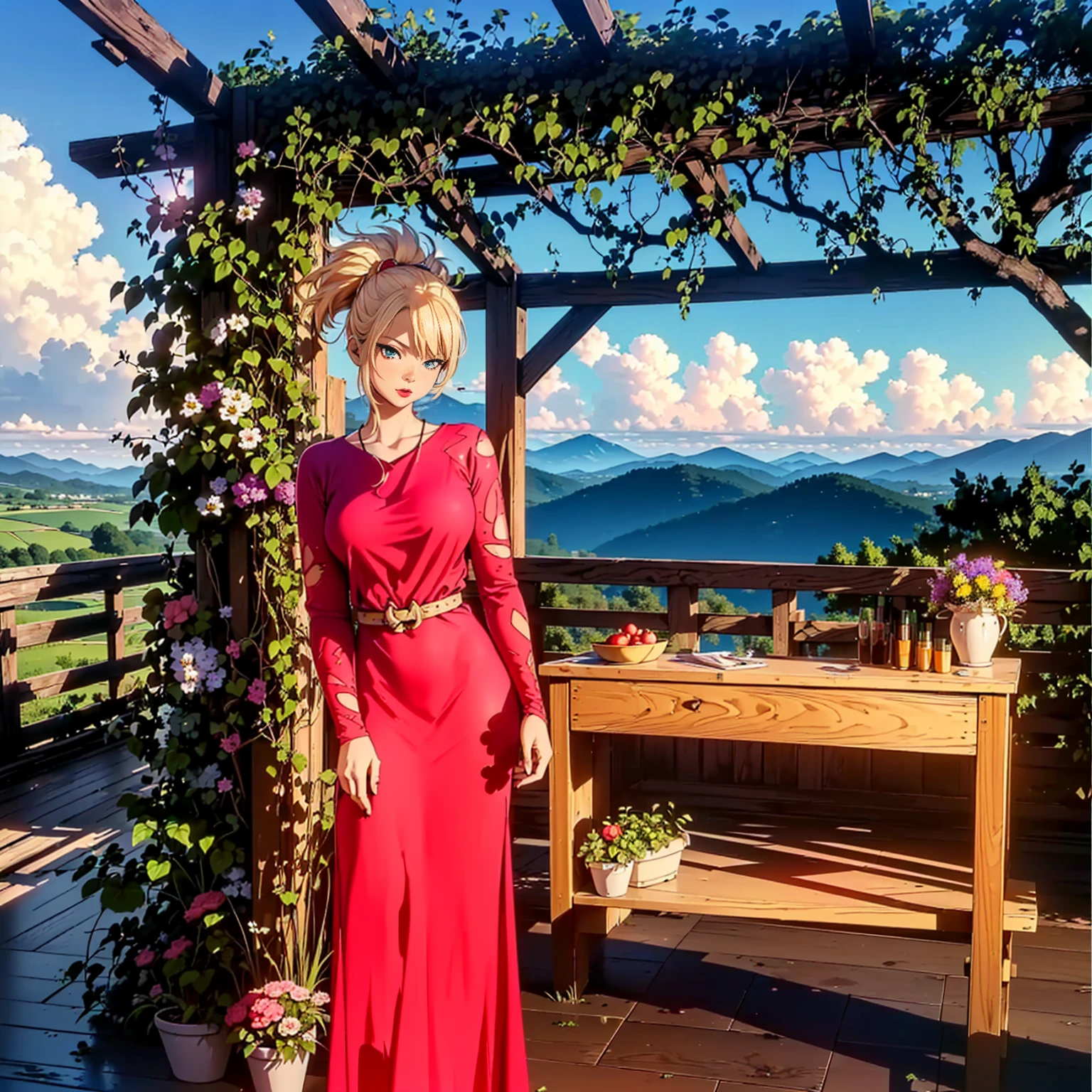 ((1woman, (solo, 1girl, alone), kohaku, blonde hair, blue eyes, tied hair)), smug, ((solo, (1woman, pink lipstick), Extremely detailed, ambient soft lighting, 4k, perfect eyes, a perfect face, perfect lighting, a 1girl)), austere, ((red dress, long dress, elegant dress, long sleeve dress, dress with high relief, viewpoint, landscape in the background, hills, valley, wooden floor, decoration, vineyards, flowers, sunny day, dawn))