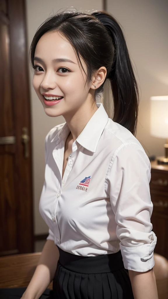 ((dramatic angle))(Olympic)(1 person)(office lady dress shirts,office lady skirt),ultra detail (8k, RAW Photos, 最high quality, masterpiece: 1.45), (Realistic, Photorealistic: 1.37), （Ultra high definition）（Textured skin）（Very detailed）（high quality）（最high quality）（First Person View）16K ,Super Beautiful Woman,18years old,((laughing)),soft Light,,(small )(upper shot),((forehead,ponytail,Black Hair,)),running,100 m