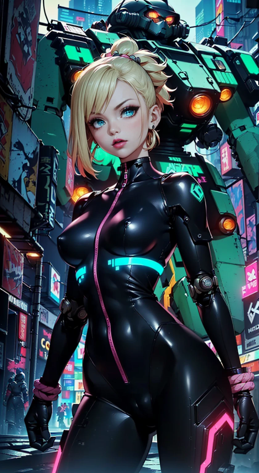 ((1woman, (solo, 1girl, alone), kohaku, blonde hair, blue eyes, tied hair)), smug, ((solo, (1woman, pink lipstick), Extremely detailed, ambient soft lighting, 4k, perfect eyes, a perfect face, perfect lighting, a 1girl)), austere, ((black bodysuit, black leotard, black exoskeleton, black jumpsuit, ((cyberpunk outfit, giant robot in the background, green giant robot, female robot pilot)), punk bracelets, earrings))