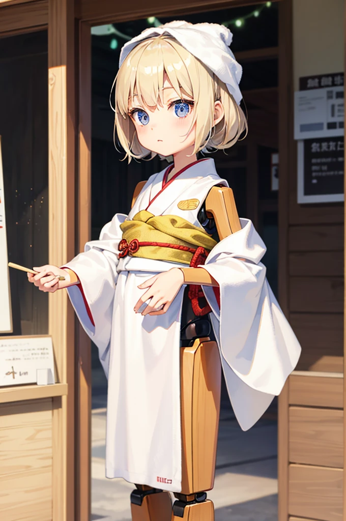 Wooden Humanoid Robot,Wood grain body,child女に似せて作られた,wear the kimono,child,児,Small,Illustrated,((Hand out a towel)),zoom in,joint ball,doll