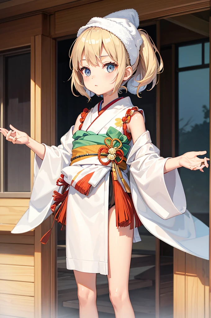 Wooden Humanoid Robot,Wood grain body,child女に似せて作られた,wear the kimono,child,児,Small,Illustrated,((Hand out a towel)),zoom in,Rounded corners of leg and arm parts
