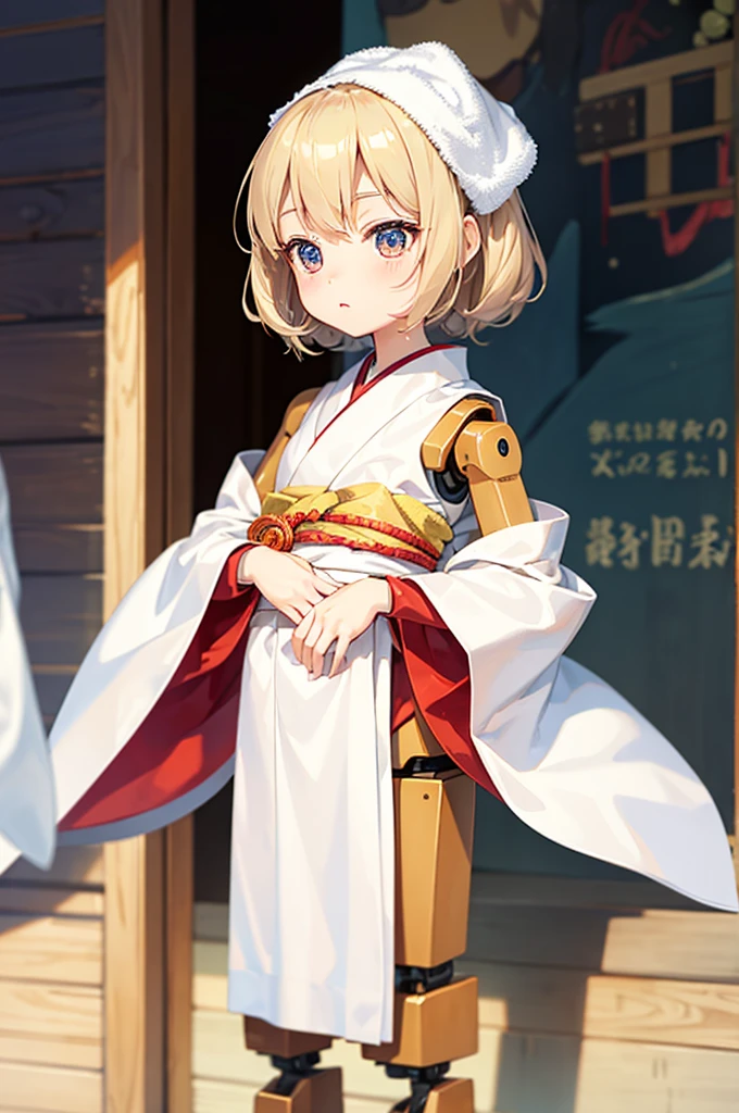 Wooden Humanoid Robot,Wood grain body,child女に似せて作られた,wear the kimono,child,児,Small,Illustrated,((Hand out a towel)),zoom in,joint ball,doll