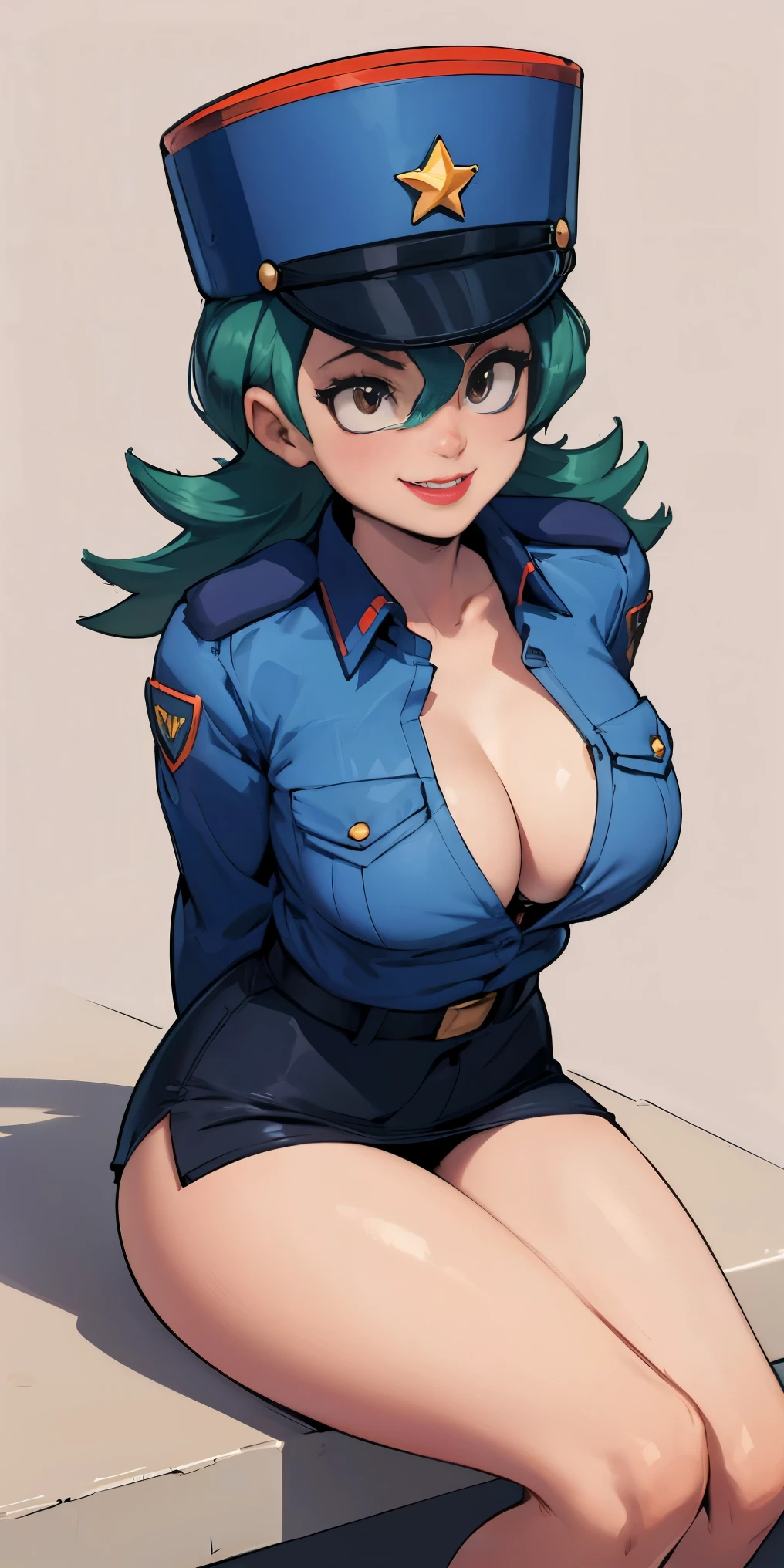 Jenny-pokemon, goregous police woman, sitting, perfect legs, ((arms behind back)), unbutton shirt, opening up shirt, teasing, busty, colossal cleavage, lipstick, smiling, police cap, ((plain background:1.3))