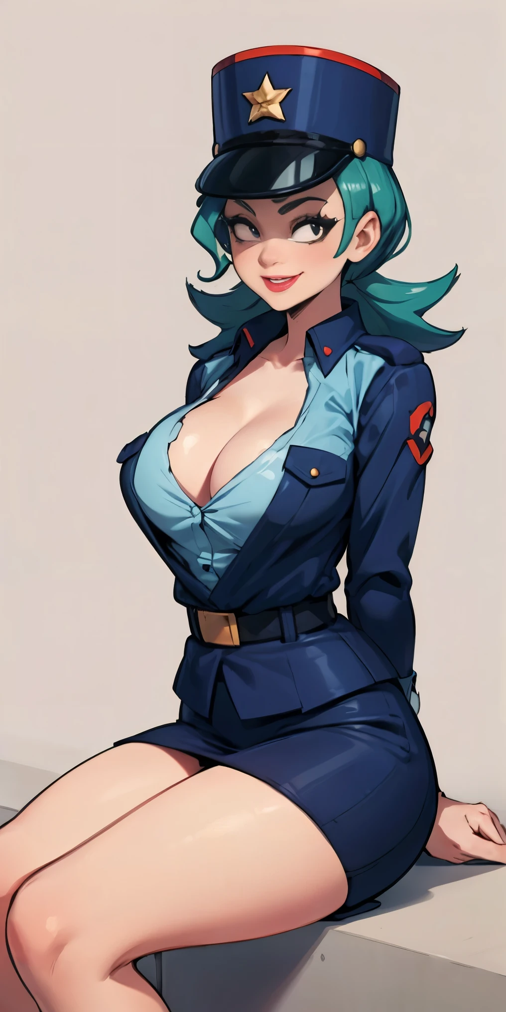 Jenny-pokemon, goregous police woman, sitting, perfect legs, ((arms behind back)), unbutton shirt, opening up shirt, teasing, busty, colossal cleavage, lipstick, smiling, police cap, ((plain background:1.3))