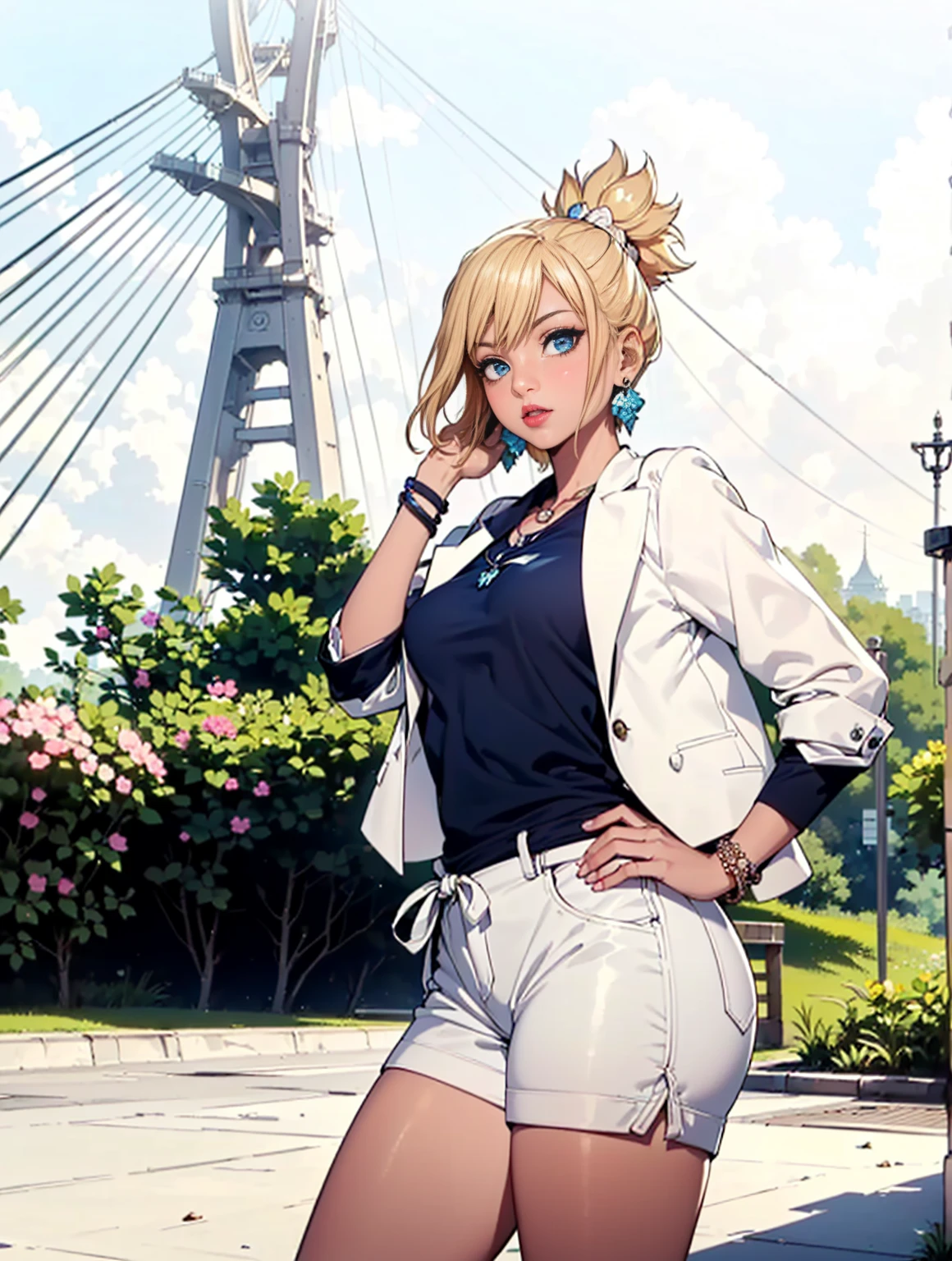 ((1woman, (solo, 1girl, alone), kohaku, blonde hair, blue eyes, tied hair)), smug, ((solo, (1woman, pink lipstick), Extremely detailed, ambient soft lighting, 4k, perfect eyes, a perfect face, perfect lighting, a 1girl)), austere, ((silk blouse, white blazer, white shorts, in a park, bushes, flowers, trees, bridge in the background, large bridge, sunny day, clouds, bracelets, earrings, necklace))